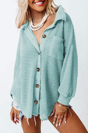Light Green Waffle Knit Button-Down Shirt Jacket with button closure and chest pocket.