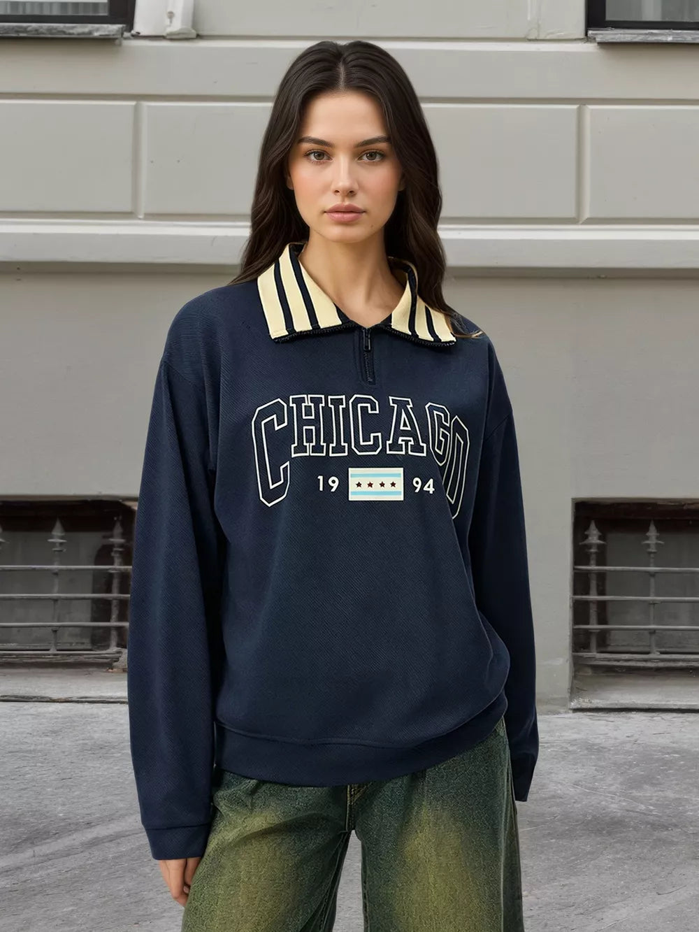 Graphic Sweatshirt With Striped Collar in Dark Blue, close-up detail