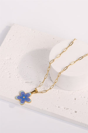 Enamel floral pendant chain necklace with gold-plated paperclip chain, featuring a blue and light blue flower charm.
