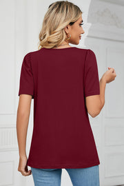Burgundy tee with sculpted short sleeves and square neck, casual basic top
