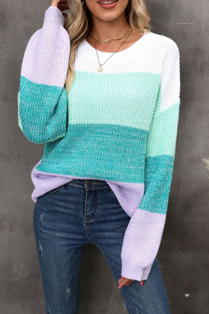 Ombre ribbed knit sweater with balloon sleeves in white, mint green, turquoise, and lavender.