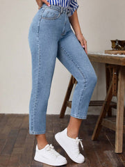 Light wash denim jeans, slim fit, ankle length, casual modern silhouette