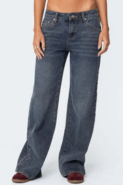 Wide-leg jeans in dusty blue denim with a subtle flare and buttoned closure.