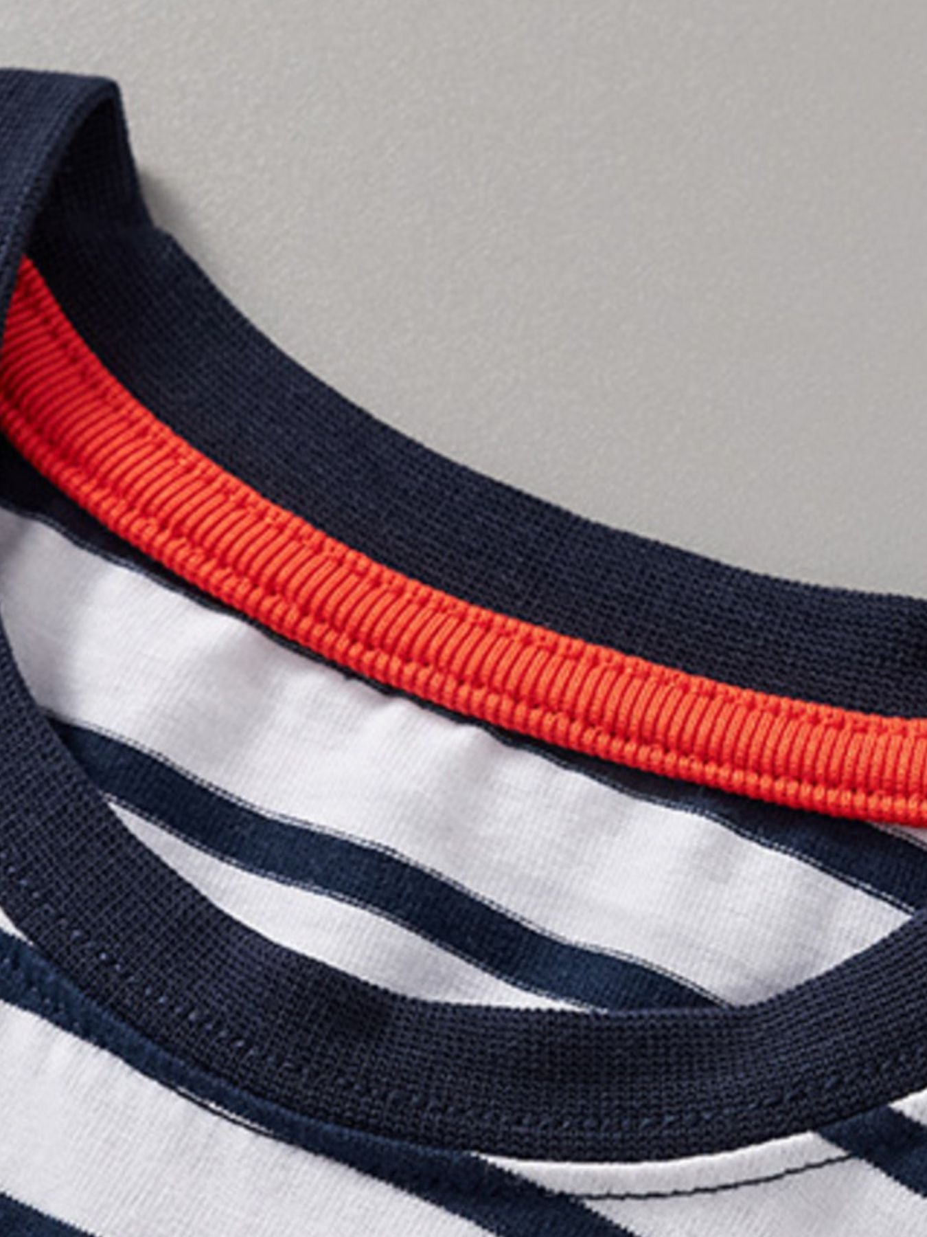 Toddler striped cotton t-shirt with navy crew neck and orange trim detail