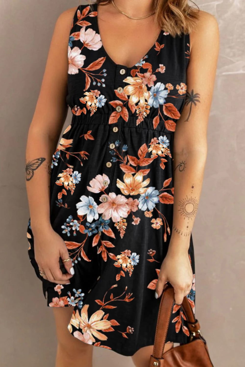 Black floral sleeveless midi dress with V-neck and button front