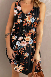 Black floral sleeveless midi dress with V-neck and button front