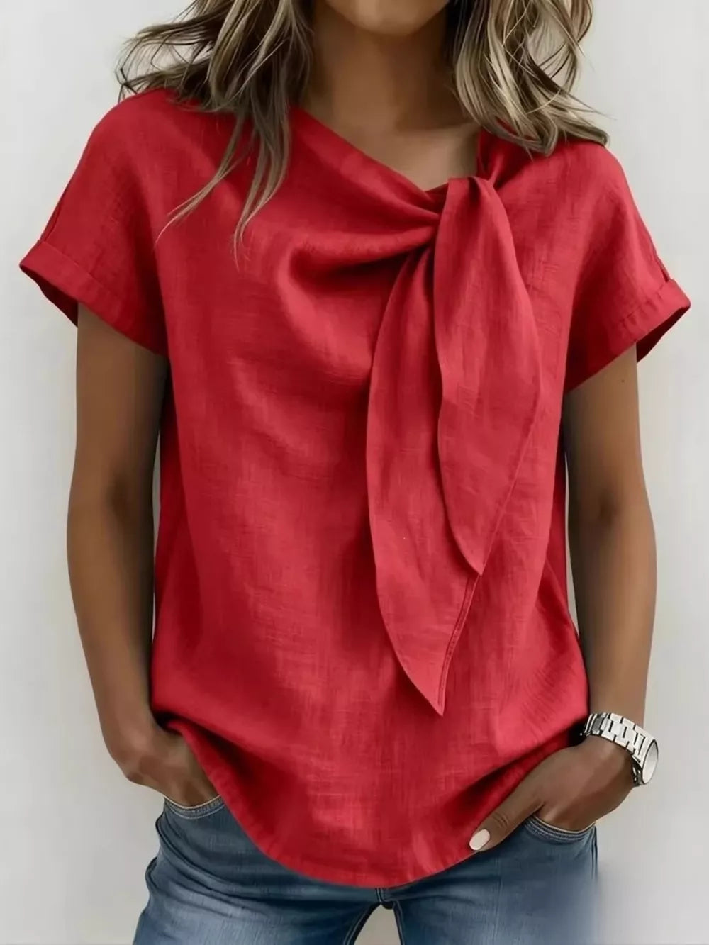 Red bow-tie neck relaxed fit shirt with short sleeves