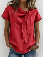 Red bow-tie neck relaxed fit shirt with short sleeves