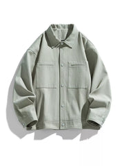 Oversized casual snap jacket in Salt Gray Green with two chest pockets and snap button closure.