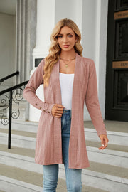 Dusty pink textured knit open-front duster cardigan with button detail on sleeves.