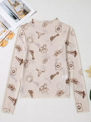 Sheer mesh mock neck shirt with western print, long sleeves, and lettuce hem.
