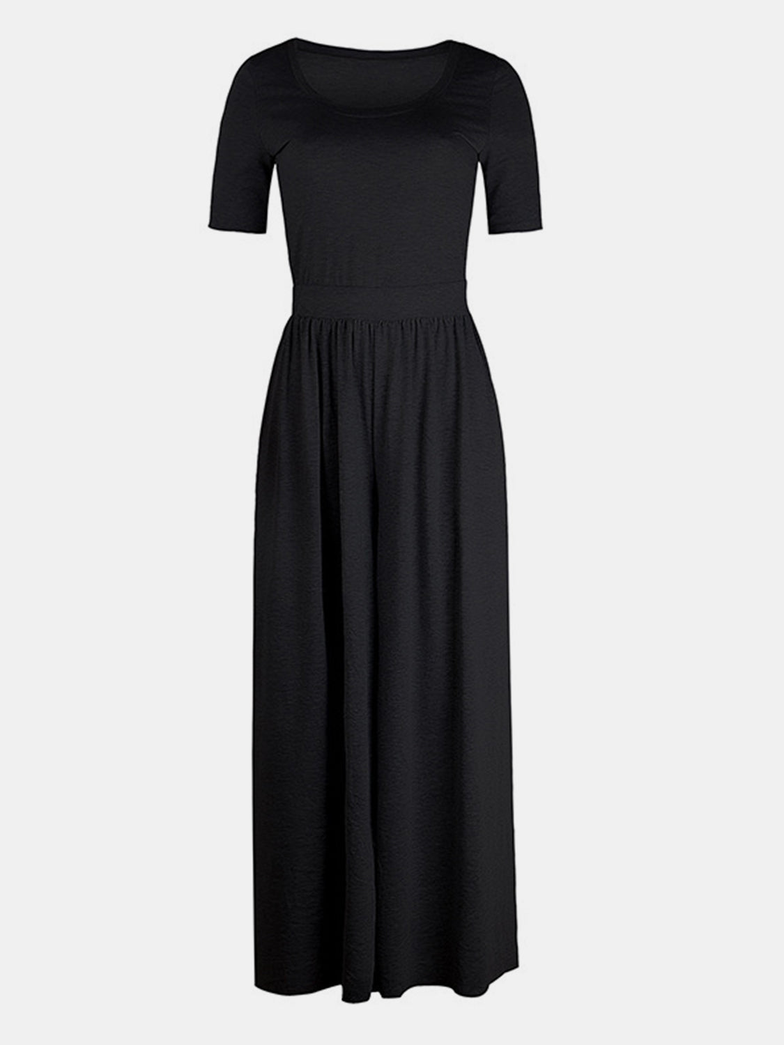 Black textured wide-leg jumpsuit with short sleeves and subtle elastic waist
