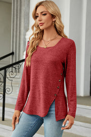 Rust asymmetric square neck top with button detail and split hem