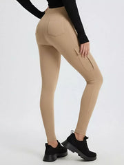 Khaki maternity active pants with cargo pockets and back pockets.