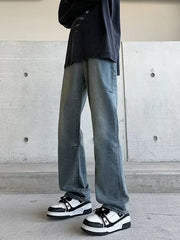 Men's vintage wash wide-leg jeans in light blue denim, relaxed fit.