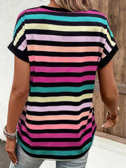Rainbow stripe henley tee with short sleeves and a buttoned neckline.