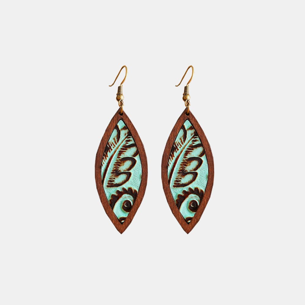Tooled leather and wood drop earrings with turquoise inlay and leaf pattern