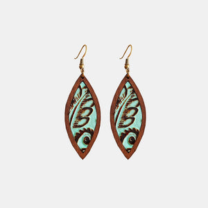 Tooled leather and wood drop earrings with turquoise inlay and leaf pattern