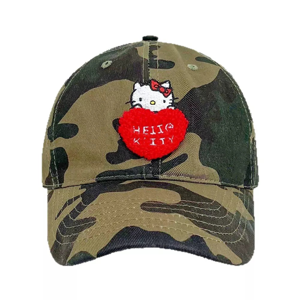 Hello Kitty embroidered cotton baseball cap with a red heart detail on camouflage print.