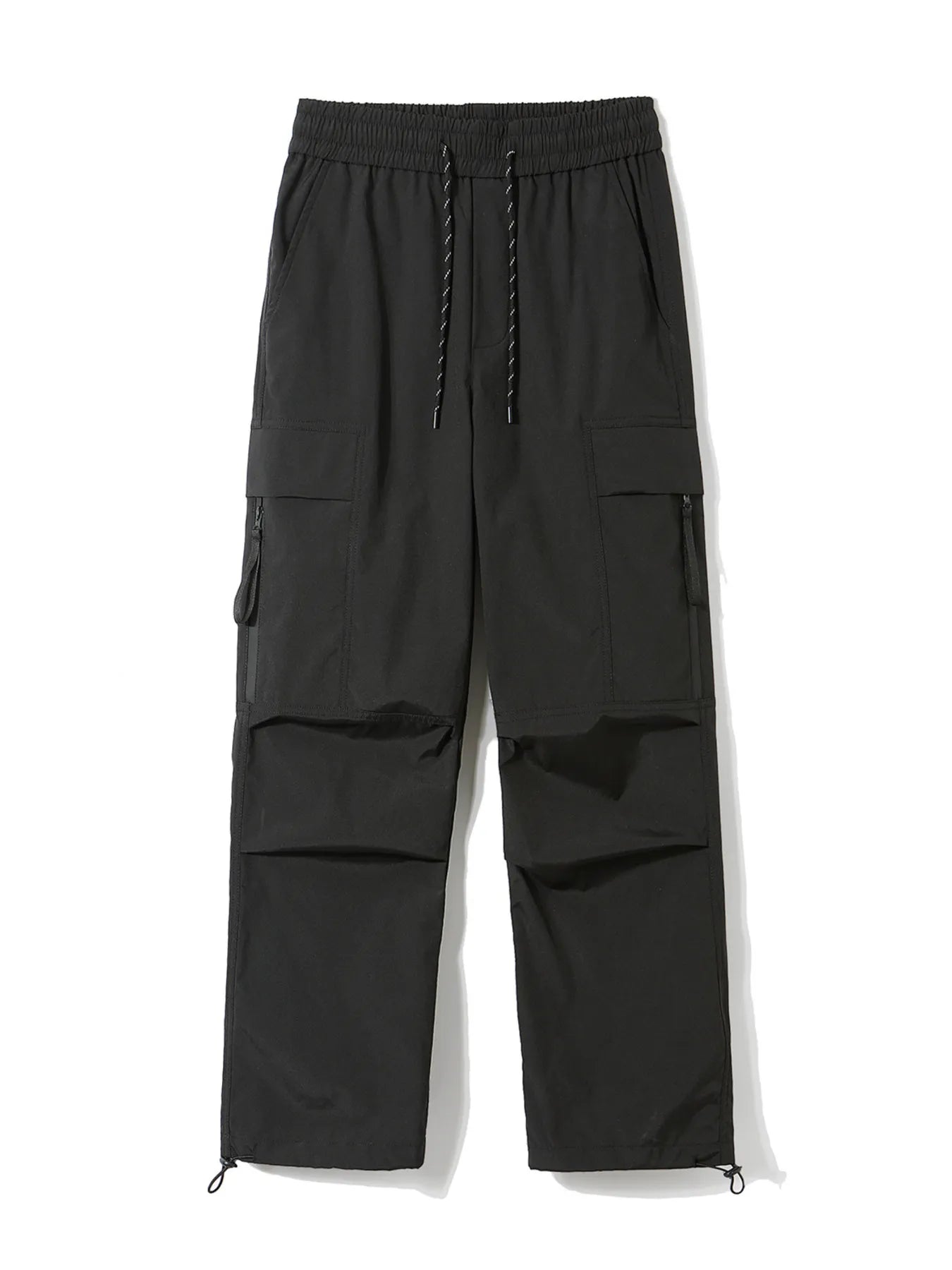 Black loose fit cargo pants with drawstring waist and multiple pockets.