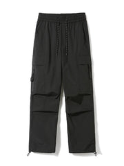 Black loose fit cargo pants with drawstring waist and multiple pockets.