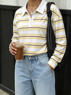 Striped Long Sleeve Polo Top in Yellow, model styling view