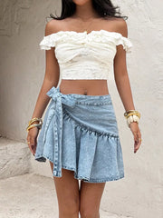 Ruffled Hem High Waist Bow Tie Denim Skirt, back view