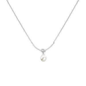 Silver pendant necklace with a single pearl and knot detail on a delicate chain.