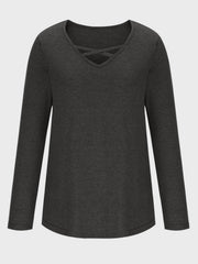 Long sleeve tee in dark gray with crisscross lattice neckline detail.