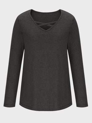 Long sleeve tee in dark gray with crisscross lattice neckline detail.