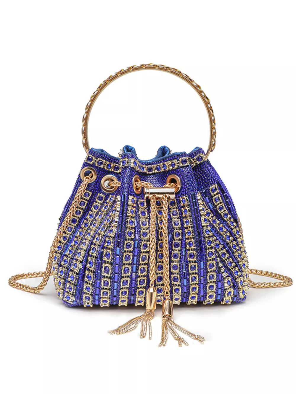 Blue rhinestone-embellished bucket crossbody bag with gold chain and tassels