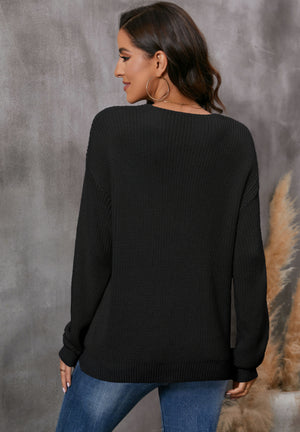 Black relaxed knit V-neck pullover sweater with long sleeves.