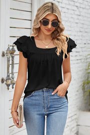 Black eyelet flutter sleeve square neck blouse with gathered neckline.