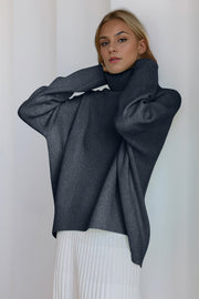 Dark Gray oversized cashmere turtleneck sweater with ribbed cuffs and hem.
