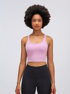 Dusty Pink Sculpted Racerback Crop Tank with scoop neck and racerback straps.