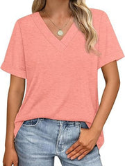 Pink v-neck t-shirt with cuffed short sleeves and a relaxed fit.
