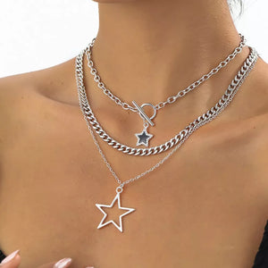 3-piece Layered Star Pendant Silver-plated Necklace in Silver, model styling view