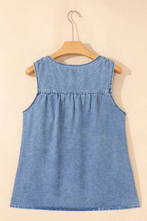 V-neck pleated denim sleeveless top in light blue with a casual cut.
