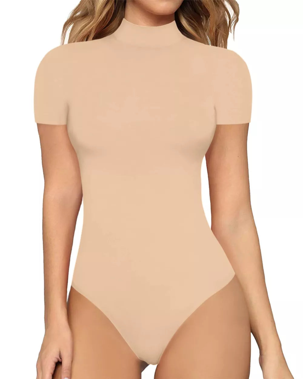 Form-fitting short sleeve mock neck bodysuit in Khaki.