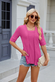 Layered knit square neck top in hot pink with short sleeves and open front cardigan detail.