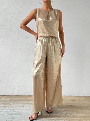 Camel metallic palazzo set with keyhole neckline top and wide leg pants.
