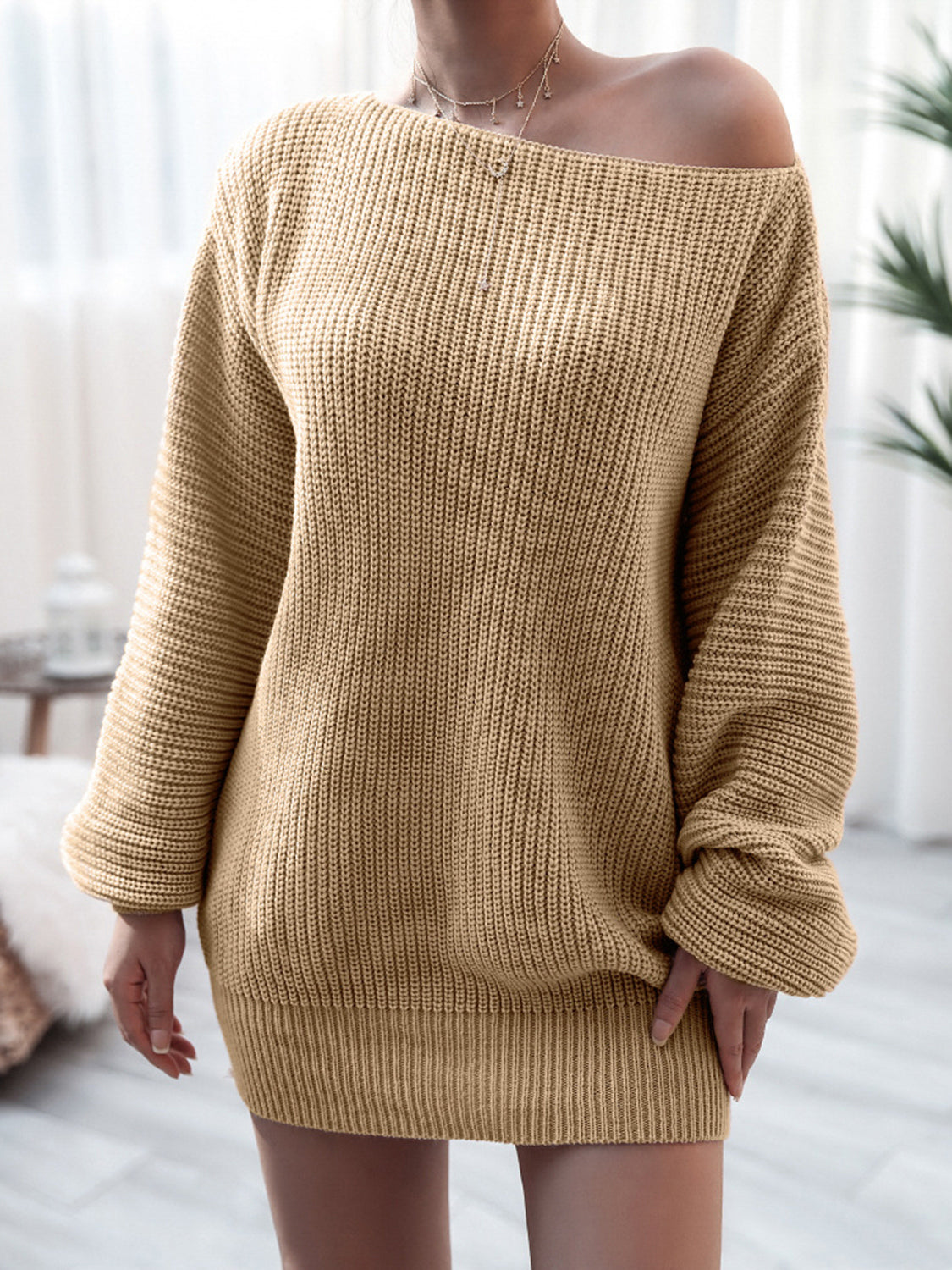 Off-shoulder ribbed knit mini dress in Khaki, 100% acrylic, with long sleeves and a casual fit.