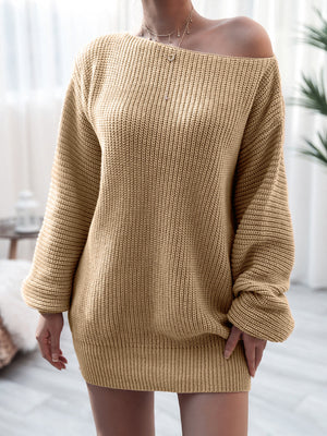 Off-shoulder ribbed knit mini dress in Khaki, 100% acrylic, with long sleeves and a casual fit.