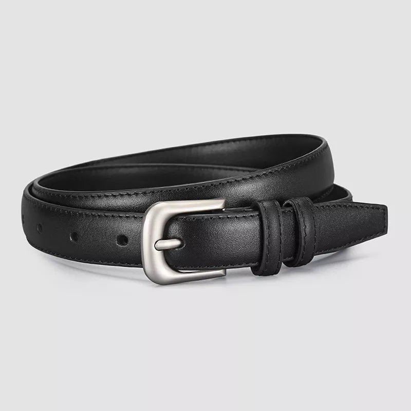 Black cowhide leather belt with silver buckle