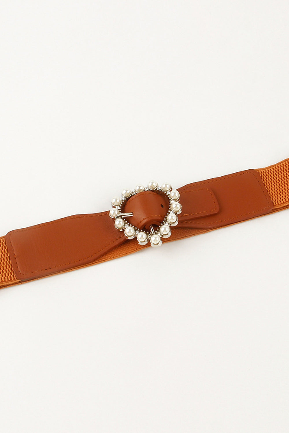 Caramel stretch belt with pearl-embellished heart buckle and faux leather detail