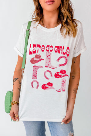 White graphic t-shirt with Let's Go Girls text and western icons like cowboy hats and boots.