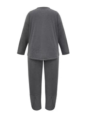 Plus size dark gray crew neck lounge set with long sleeves and split hem pants.
