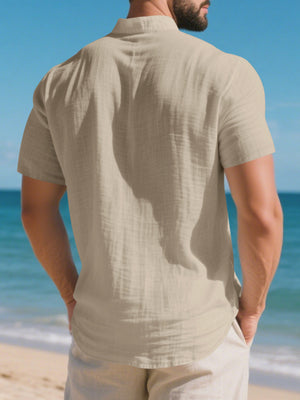Light Khaki short sleeve henley shirt with band collar, cotton fabric, and casual fit.