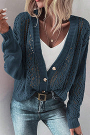 Peacock blue mesh detail cardigan with gold buttons, V-neck, and long sleeves.
