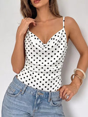 Polka Dot Cowl Neck Spaghetti Strap Bodysuit in White, side view